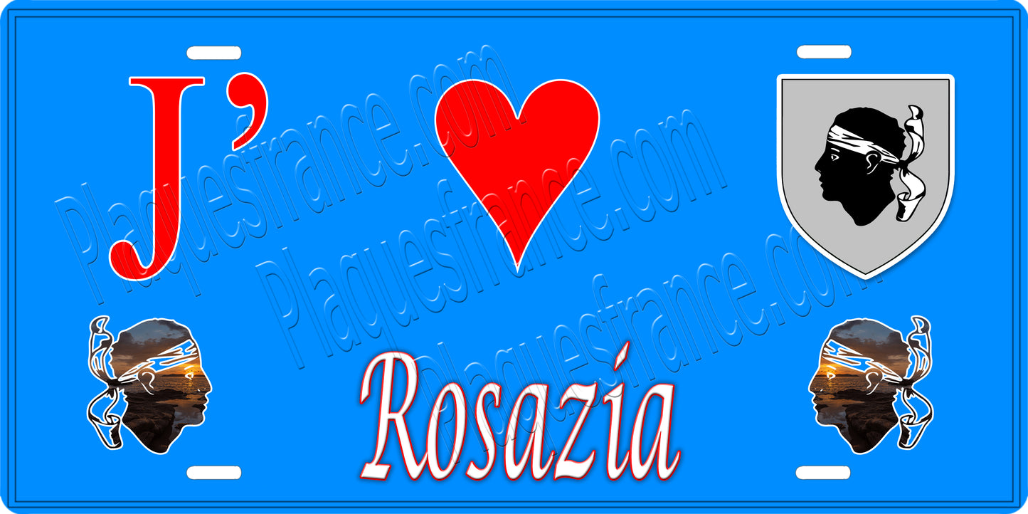 Plaque métal décorative 15 x 30 cm bleu J' ❤️ Rosazia Canton de Sevi-Sorru-Cinarca Corse du Sud