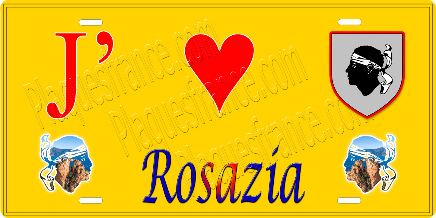 Plaque métal décorative 15 x 30 cm jaune J' ❤️ Rosazia Canton de Sevi-Sorru-Cinarca Corse du Sud
