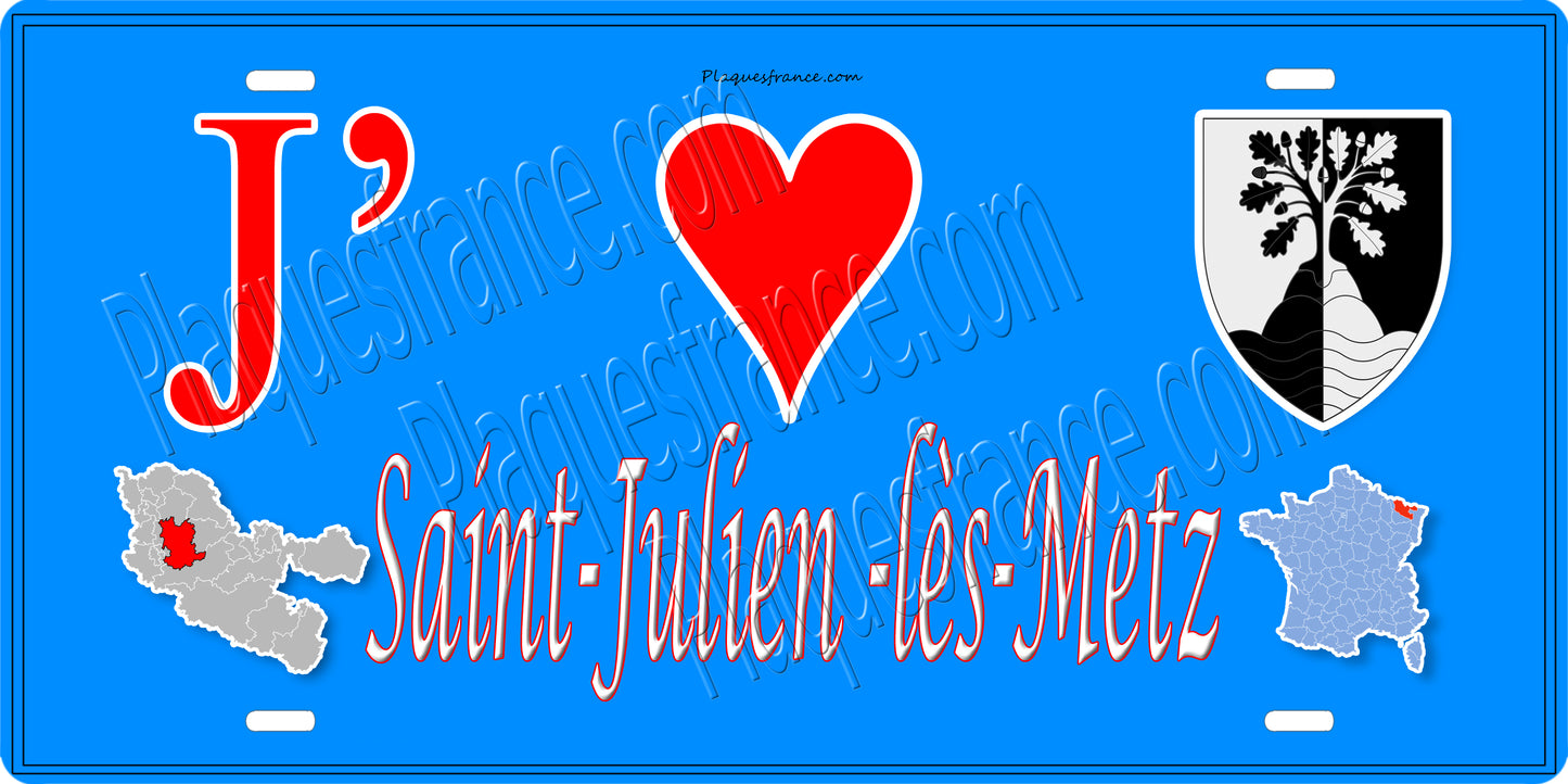Plaque métal décorative 15 x 30 cm fond mur bleu carte J' ❤️Saint-Julien-lès-Metz, canton Le Pays Messin Moselle 57