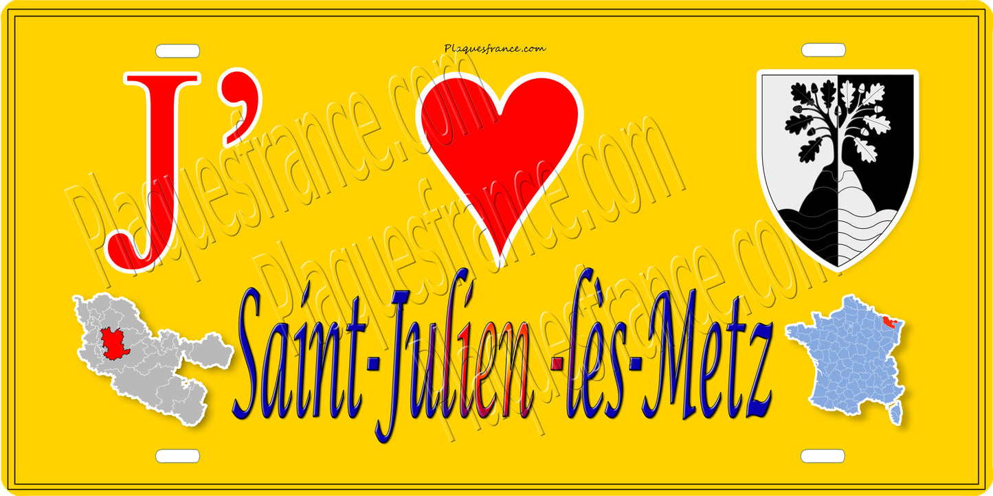 Plaque métal décorative 15 x 30 cm fond mur jaune carte J' ❤️Saint-Julien-lès-Metz, canton Le Pays Messin Moselle 57