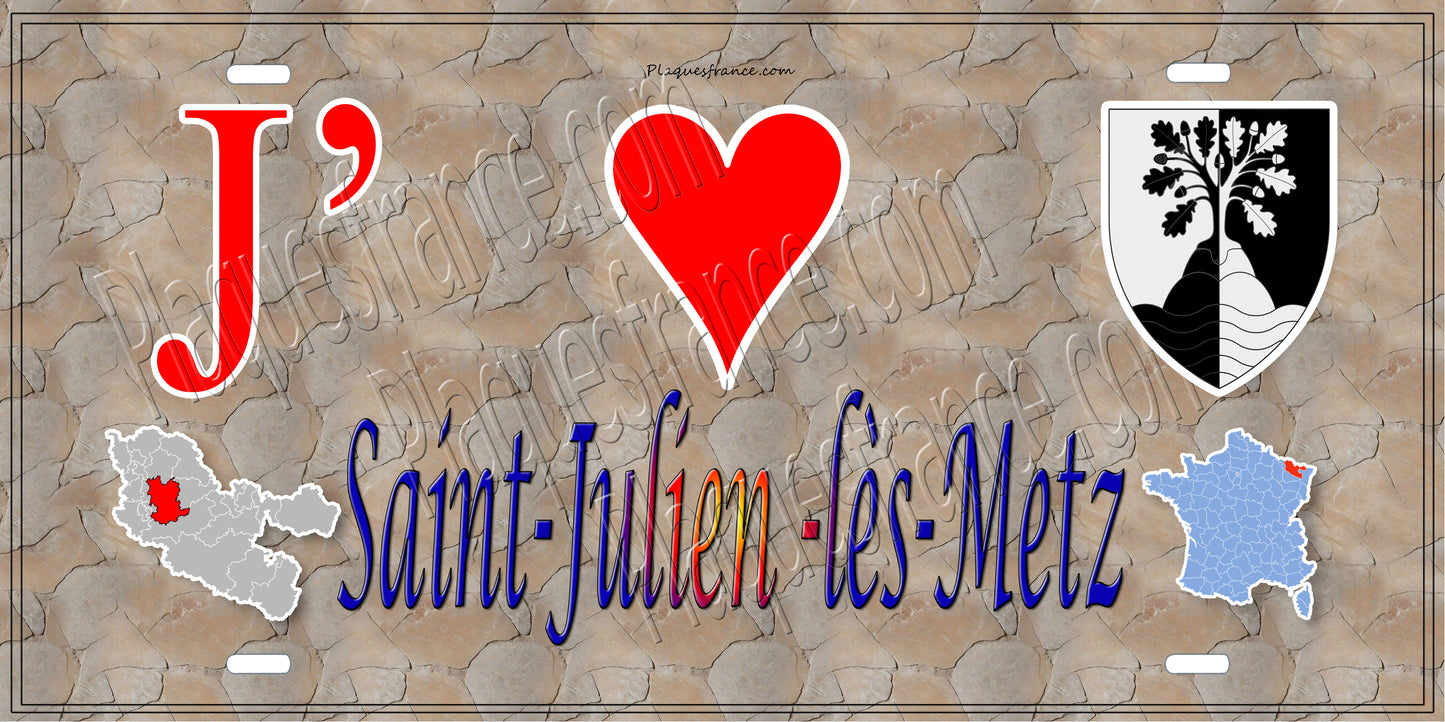 Plaque métal décorative 15 x 30 cm fond mur antique carte J' ❤️Saint-Julien-lès-Metz, canton Le Pays Messin Moselle 57