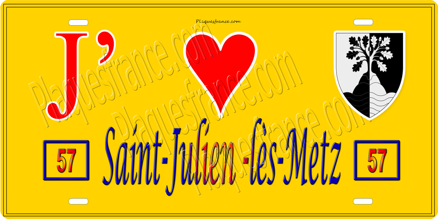 Plaque métal décorative 15 x 30 cm fond mur jaune 57 J' ❤️Saint-Julien-lès-Metz, canton Le Pays Messin Moselle 57