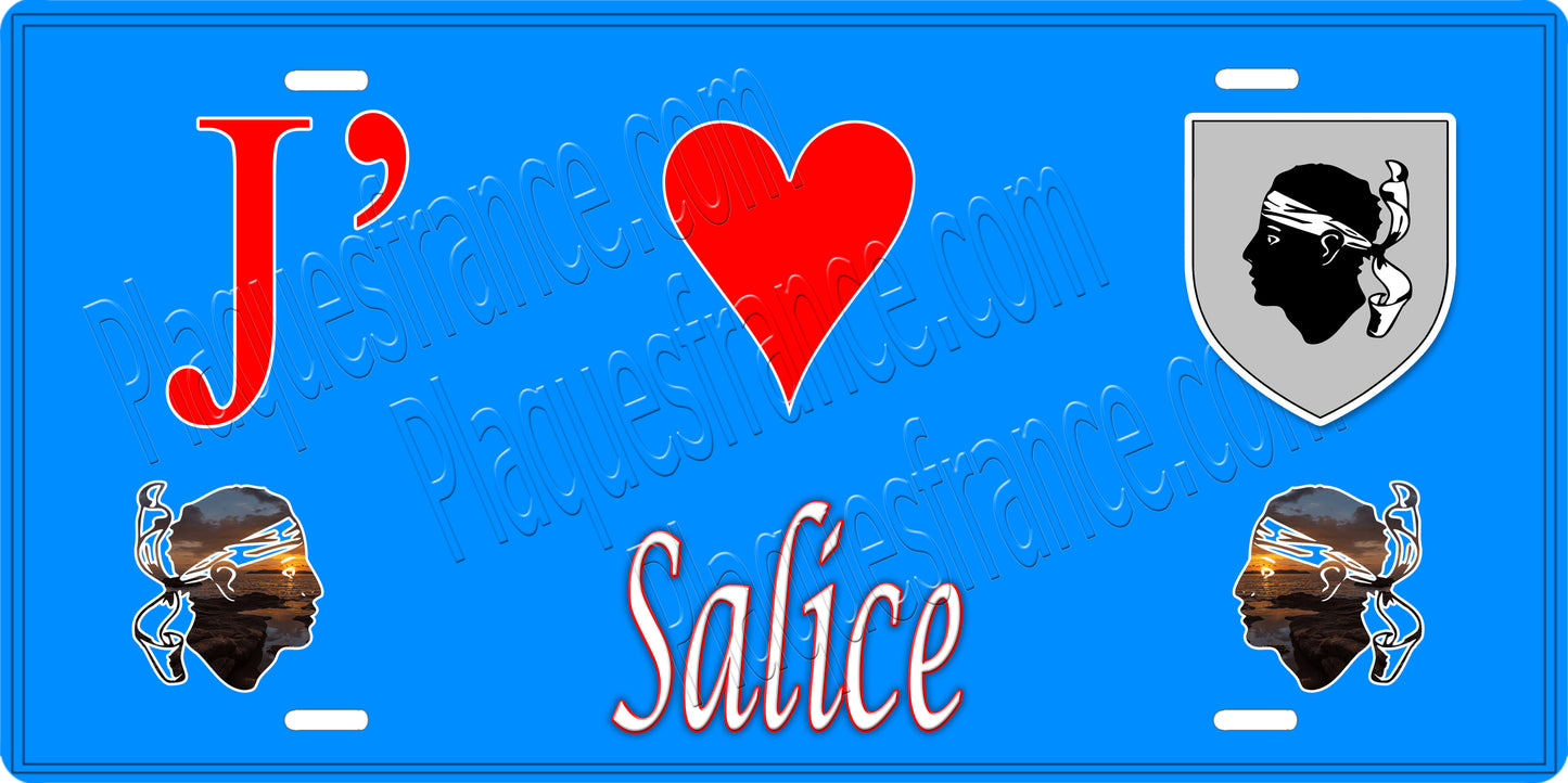 Plaque métal décorative 15 x 30 cm bleu J' ❤️ Salice Canton de Sevi-Sorru-Cinarca Corse du Sud - Plaquesfrance.com