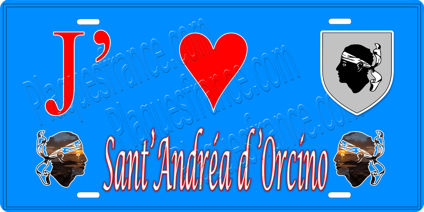 Plaque métal décorative 15 x 30 cm bleu J' ❤️ Sant' Andréa d'Orcino Canton de Sevi-Sorru-Cinarca Corse du Sud