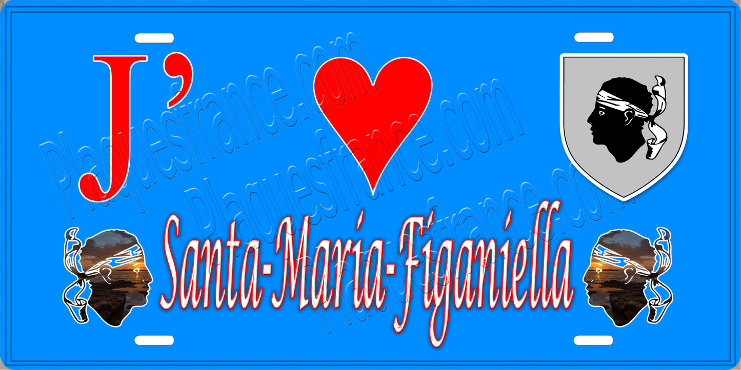 Plaque métal décorative 15 x 30 cm bleu J' ❤️ Santa-Maria-Figaniella canton du Sartenais-Valinco Corse du Sud
