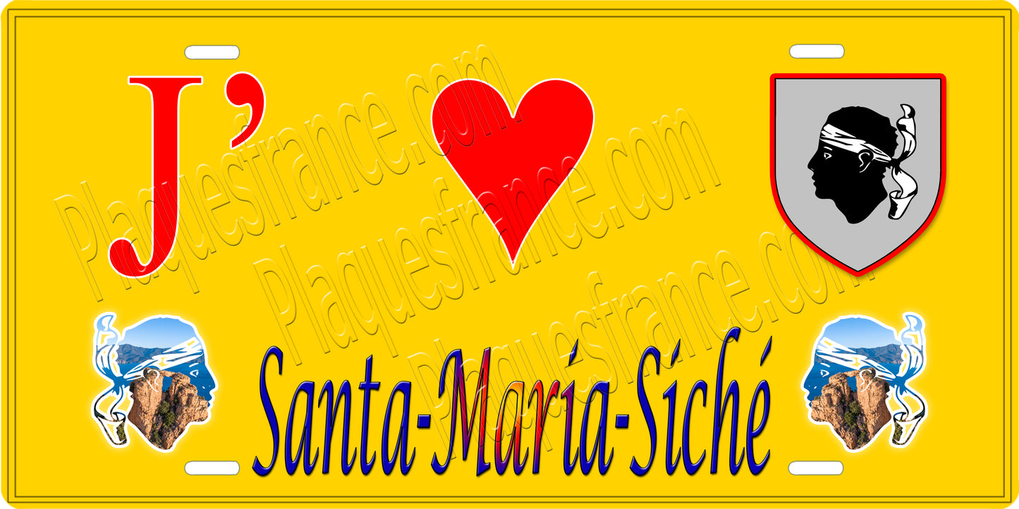 Plaque métal décorative 15 x 30 cm jaune J' ❤️ Santa-Maria-Siché canton de Taravo-Ornano Corse du Sud