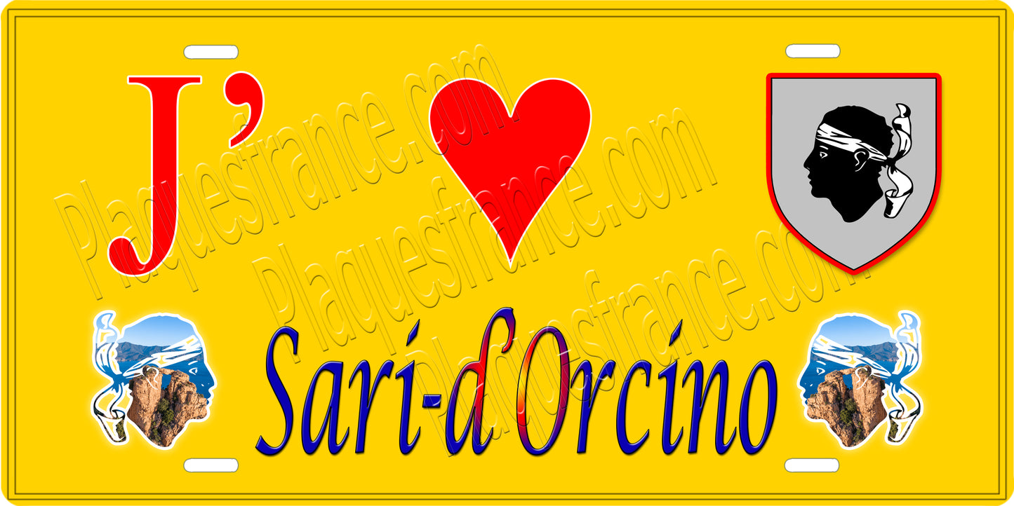 Plaque métal décorative 15 x 30 cm jaune J' ❤️ Sari d'Orcino Canton de Sevi-Sorru-Cinarca Corse du Sud
