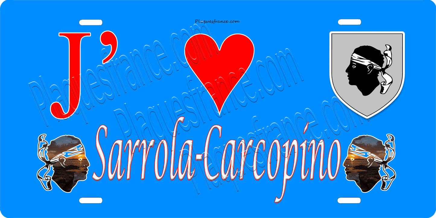 Plaque métal décorative 15 x 30 cm bleu J' ❤️ Sarrola Carcopino canton de Gravona-Prunelli Corse du Sud