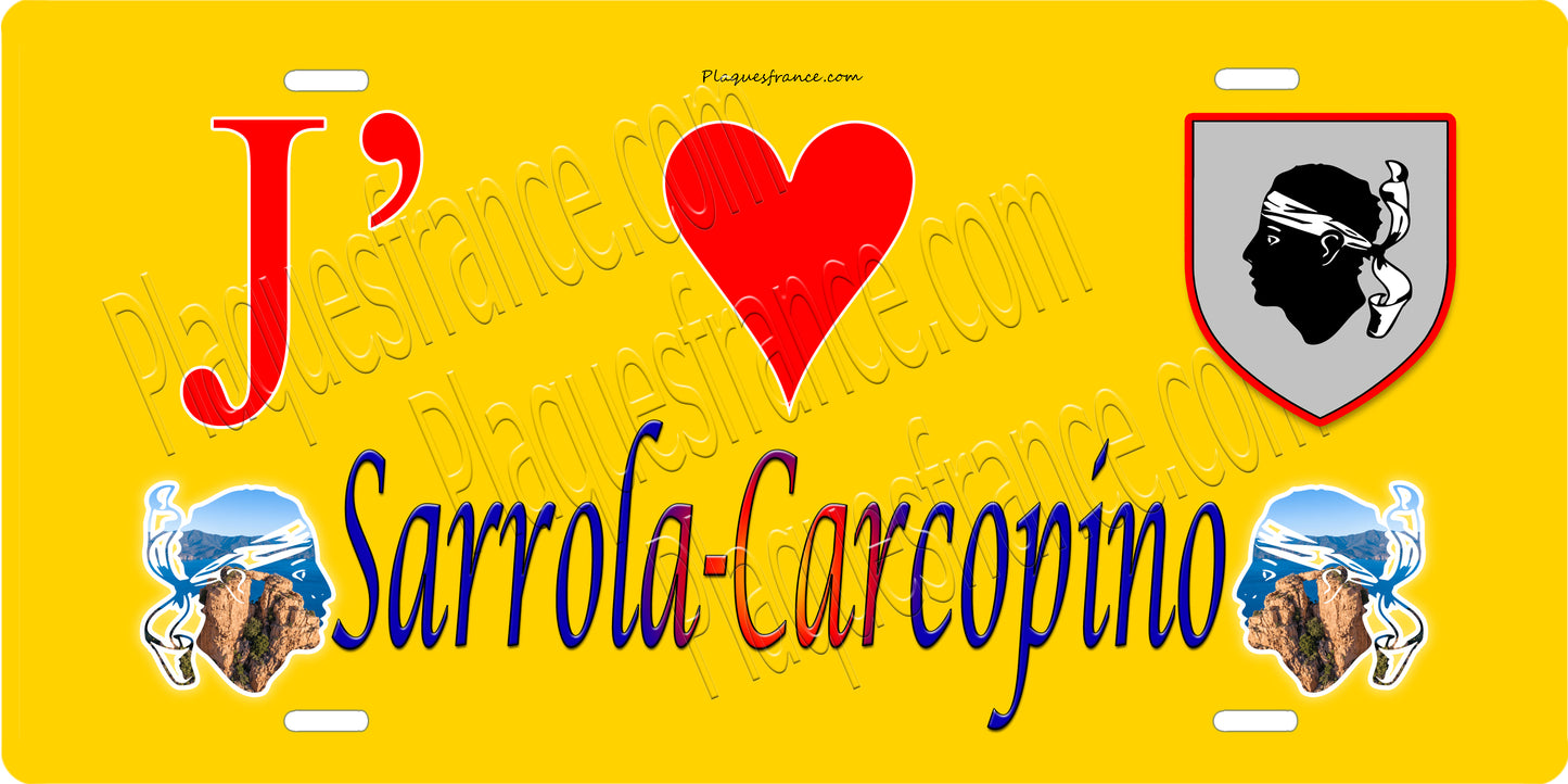Plaque métal décorative 15 x 30 cm jaune J' ❤️ Sarrola Carcopino canton de Gravona-Prunelli Corse du Sud