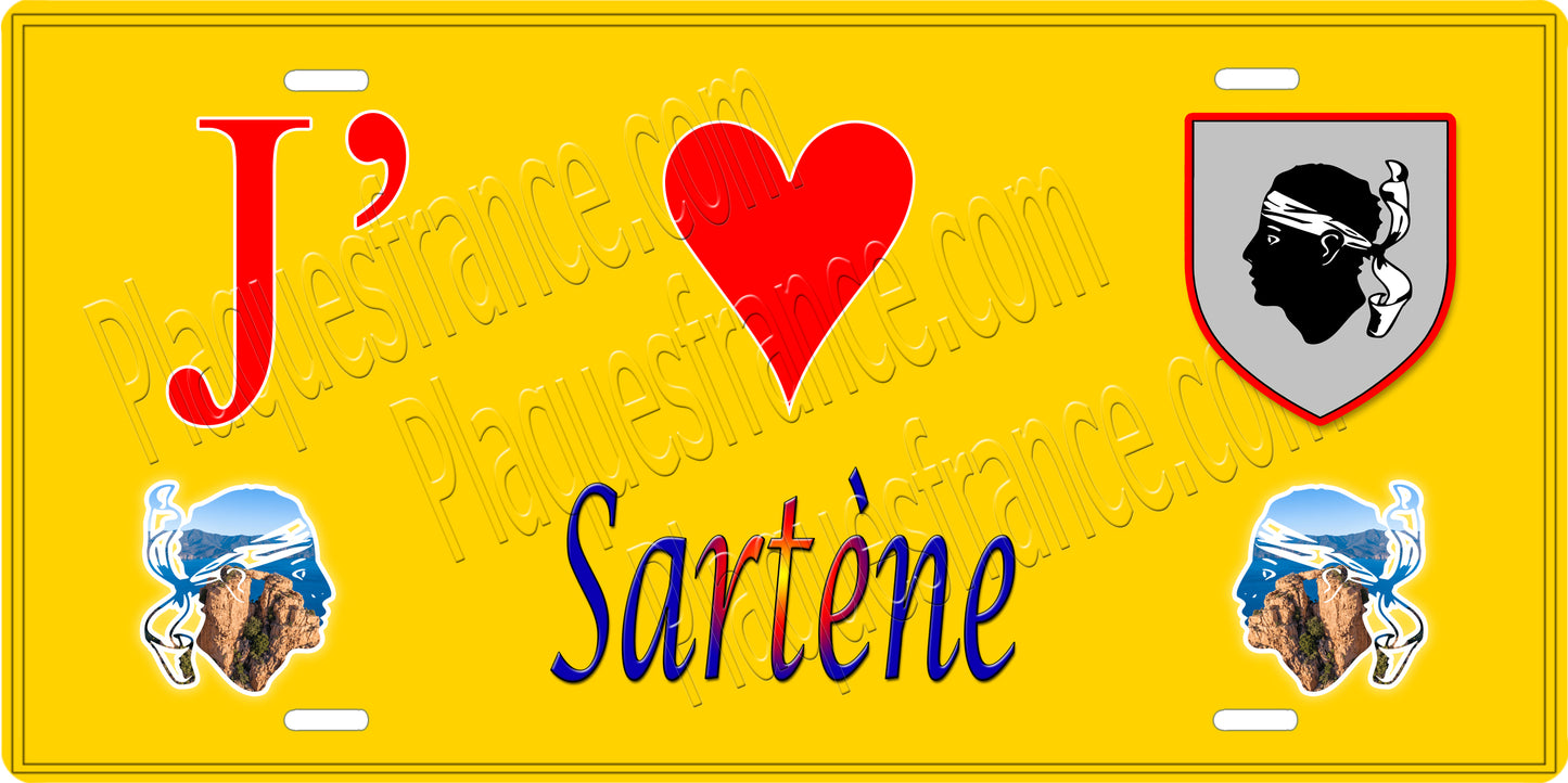Plaque métal décorative 15 x 30 cm jaune J' ❤️ Sartène canton du Sartenais-Valinco Corse du Sud