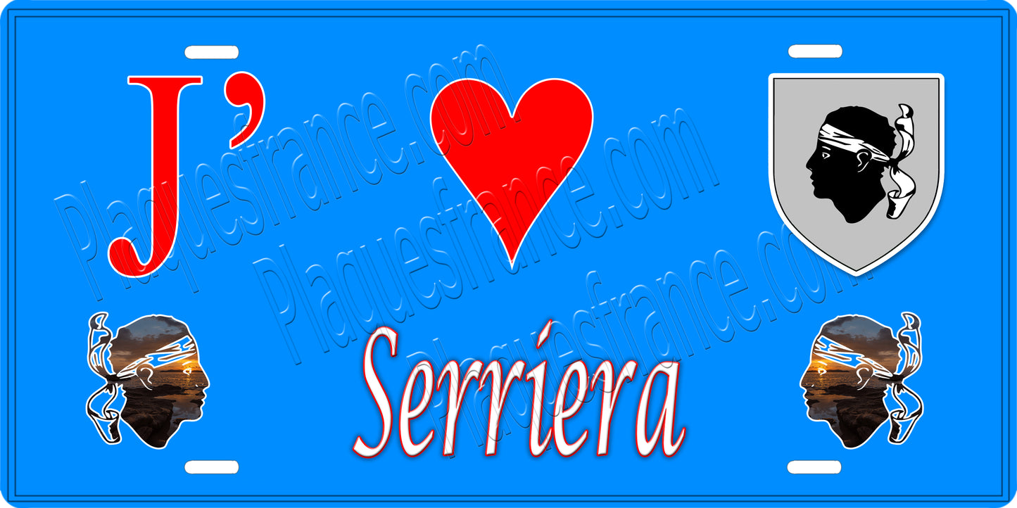 Plaque métal décorative 15 x 30 cm bleu J' ❤️ Serriera Canton de Sevi-Sorru-Cinarca Corse du Sud