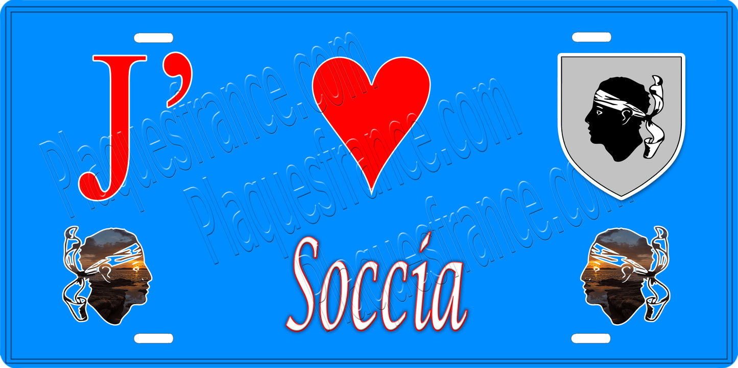 Plaque métal décorative 15 x 30 cm bleu J' ❤️ Soccia Canton de Sevi-Sorru-Cinarca Corse du Sud