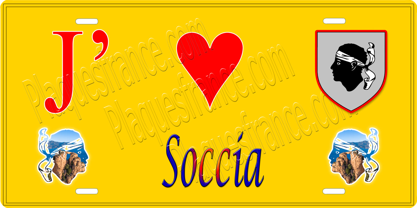 Plaque métal décorative 15 x 30 cm jaune J' ❤️ Soccia Canton de Sevi-Sorru-Cinarca Corse du Sud