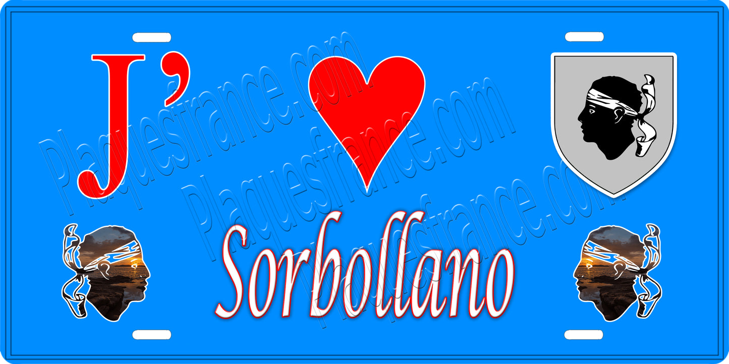 Plaque métal décorative 15 x 30 cm bleu J' ❤️ Sorbollano canton du Sartenais-Valinco Corse du Sud