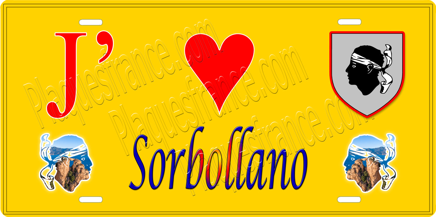 Plaque métal décorative 15 x 30 cm jaune J' ❤️ Sorbollano canton du Sartenais-Valinco Corse du Sud