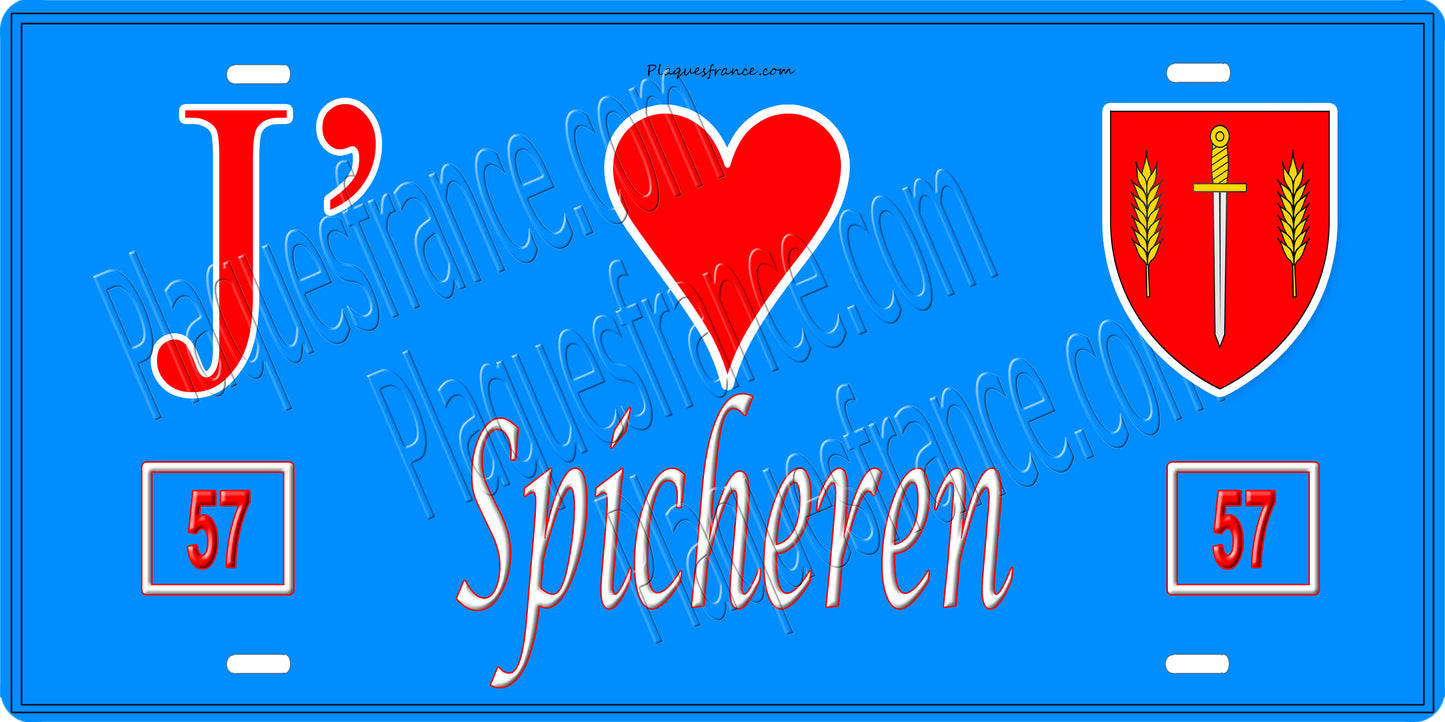 Plaque métal décorative 15 x 30 cm fond mur bleu 57 J' ❤️ Spicheren, canton Stiring-Wendel Moselle 57