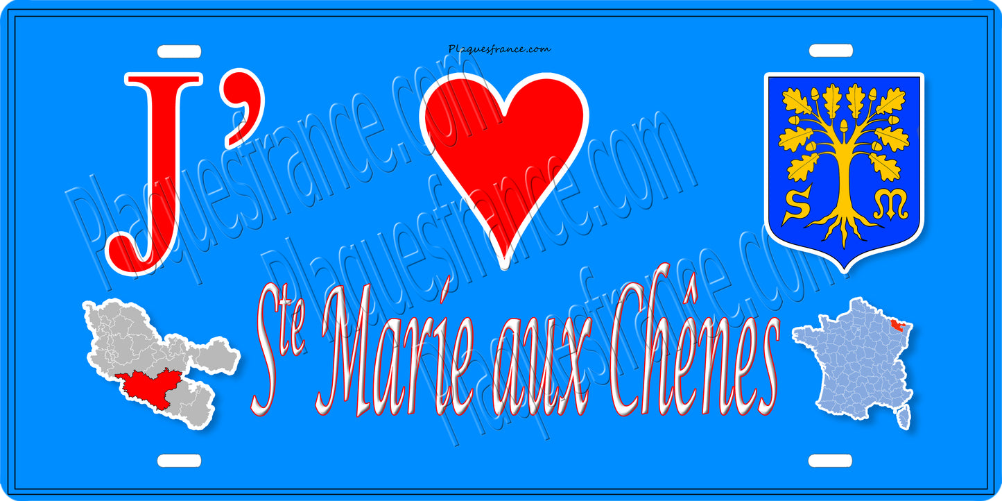 Plaque métal décorative 15 x 30 cm fond bleu cartes J' ❤️Sainte Marie aux Chênes, canton de Rombas Moselle 57