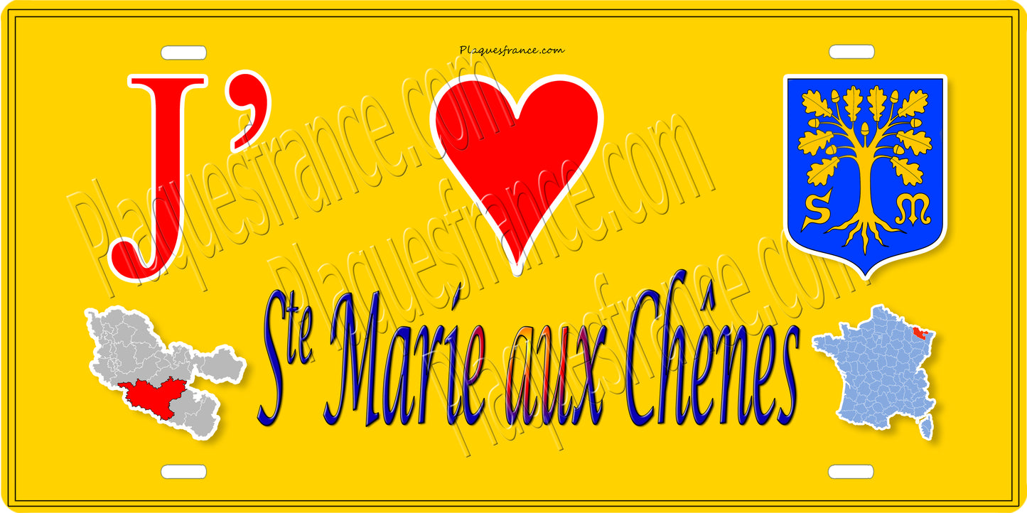 Plaque métal décorative 15 x 30 cm fond jaune cartes J' ❤️Sainte Marie aux Chênes, canton de Rombas Moselle 57