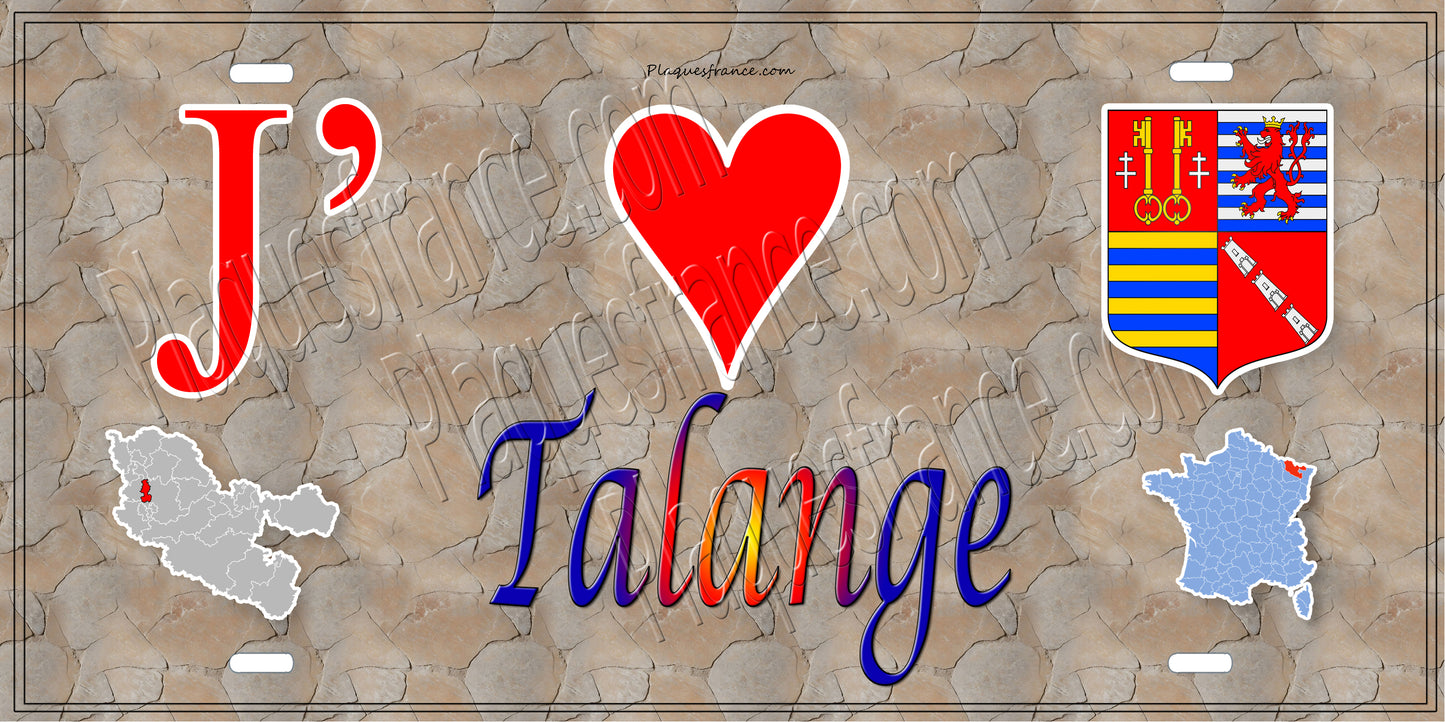 Plaque métal décorative J' ❤️ Talange, fond mur antique carte