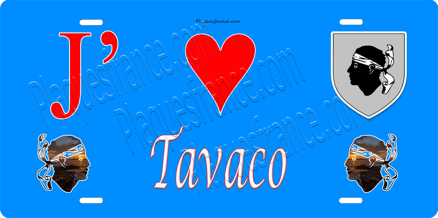Plaque métal décorative 15 x 30 cm bleu J' ❤️ Tavaco canton du Gravona-Prunelli Corse du Sud
