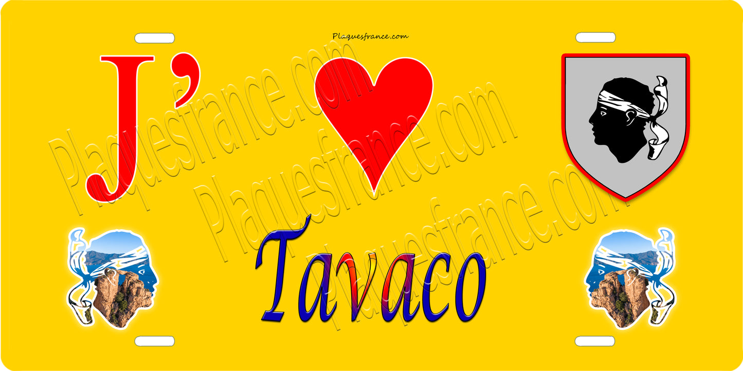 Plaque métal décorative 15 x 30 cm jaune J' ❤️ Tavaco canton du Gravona-Prunelli Corse du Sud