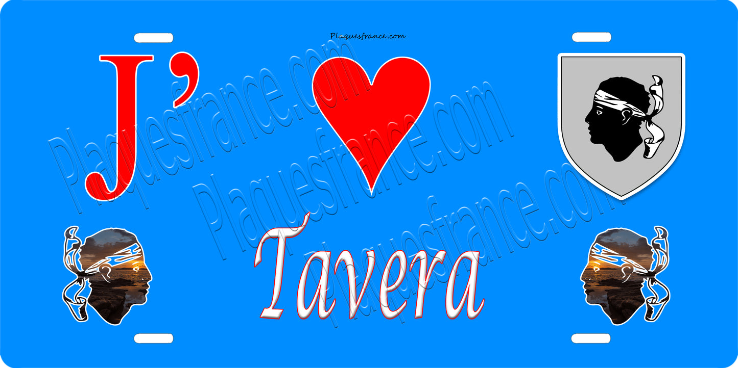 Plaque métal décorative 15 x 30 cm bleu J' ❤️ Tavera canton du Gravona-Prunelli Corse du Sud