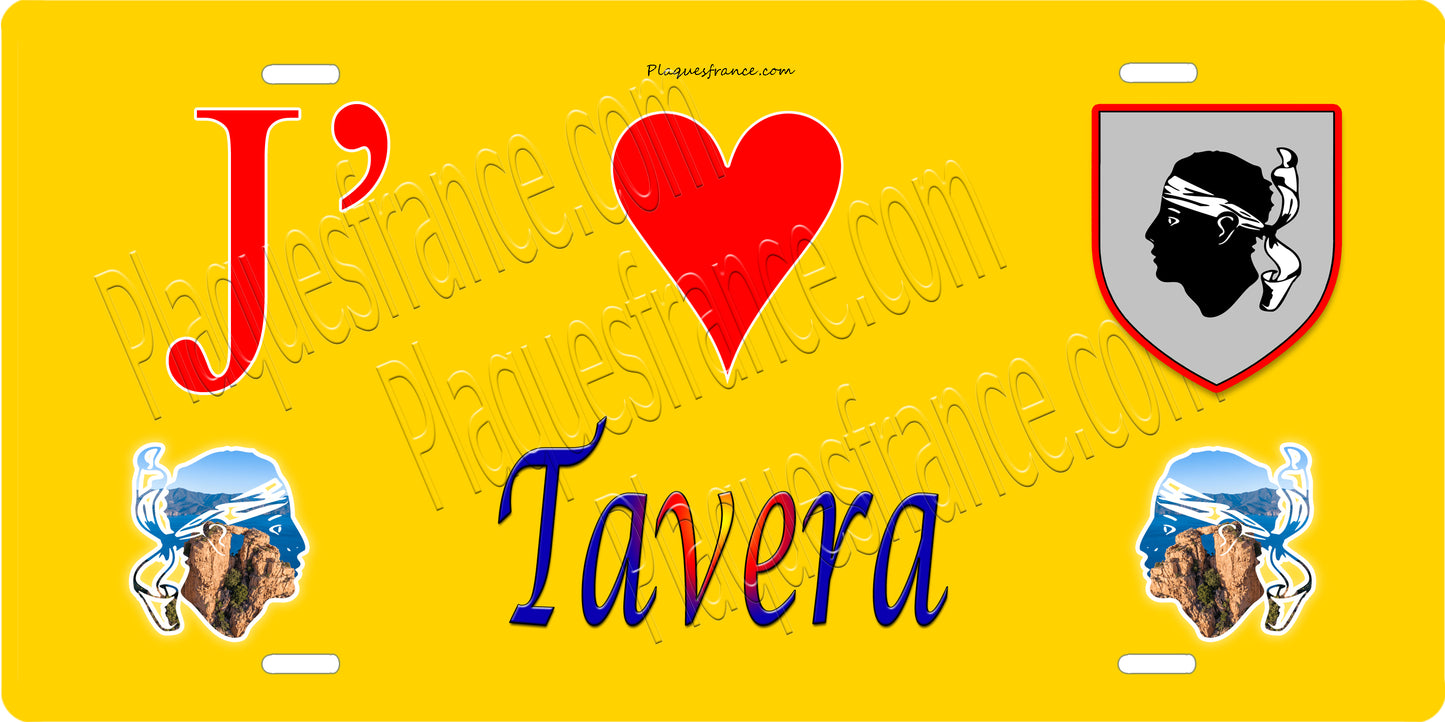 Plaque métal décorative 15 x 30 cm jaune J' ❤️ Tavera canton du Gravona-Prunelli Corse du Sud