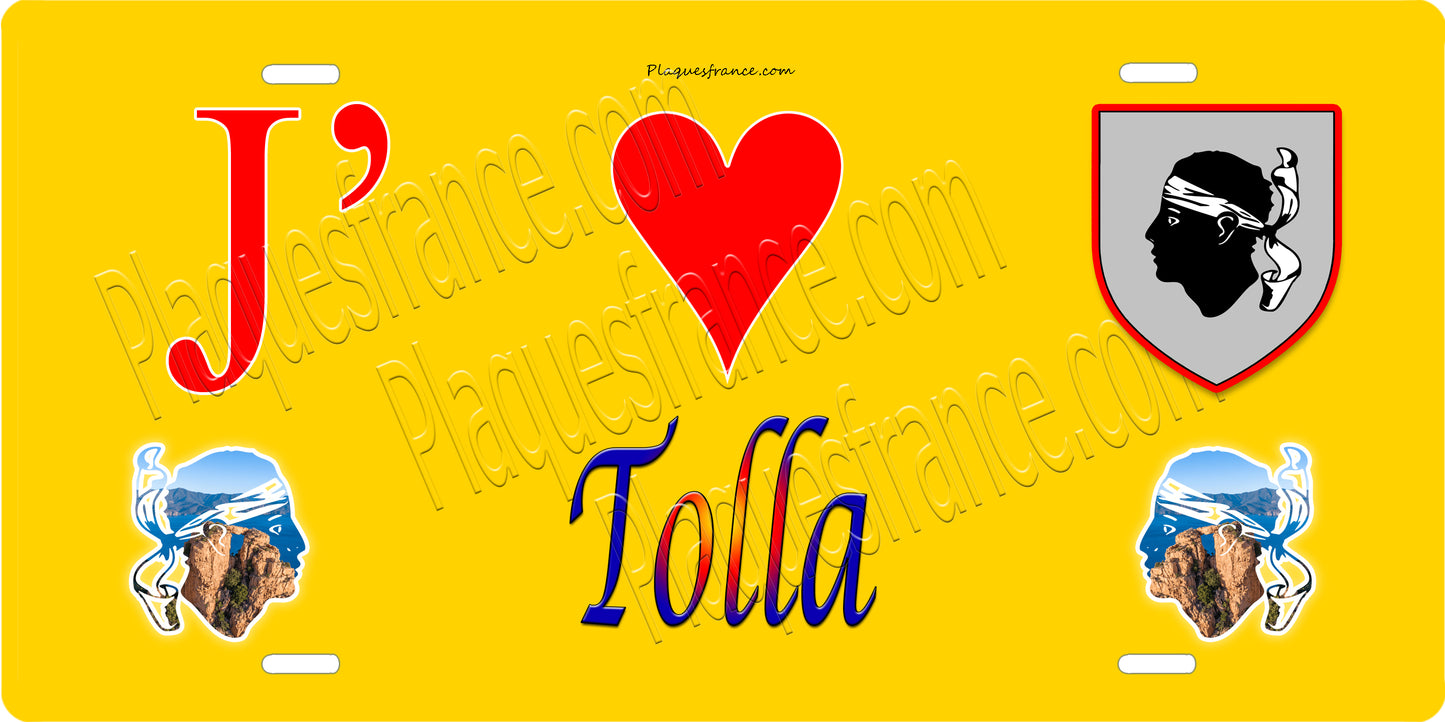 Plaque métal décorative 15 x 30 cm jaune J' ❤️ Tolla canton du Gravona-Prunelli Corse du Sud