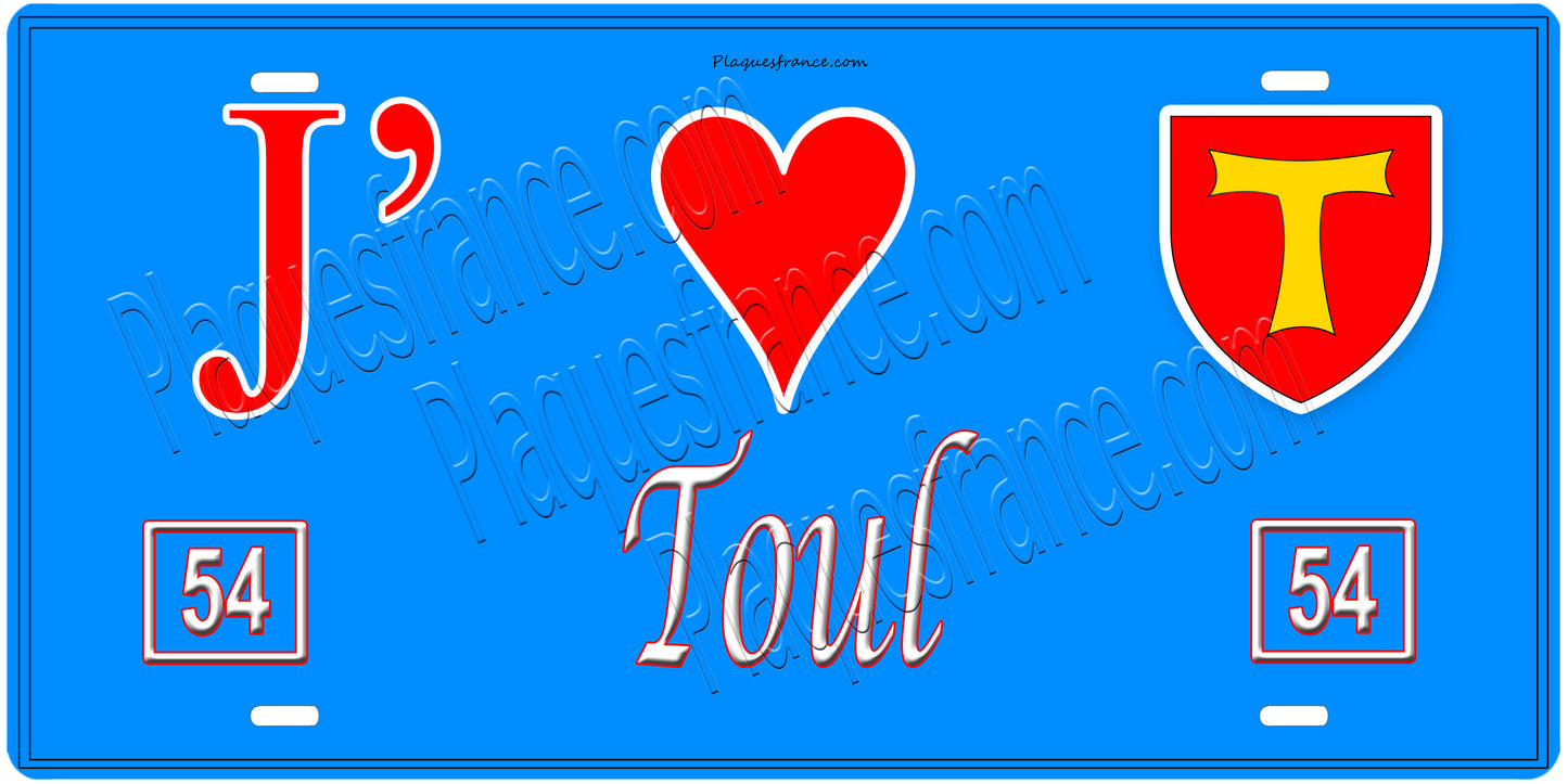 Plaque métal décorative, J' ❤️Toul, Meurthe et Moselle, fond mur bleu 54