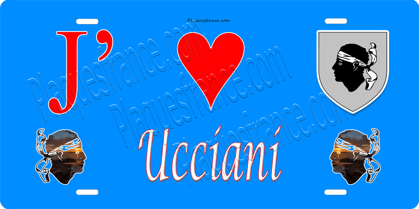 Plaque métal décorative 15 x 30 cm bleu J' ❤️ Ucciani canton du Gravona-Prunelli Corse du Sud