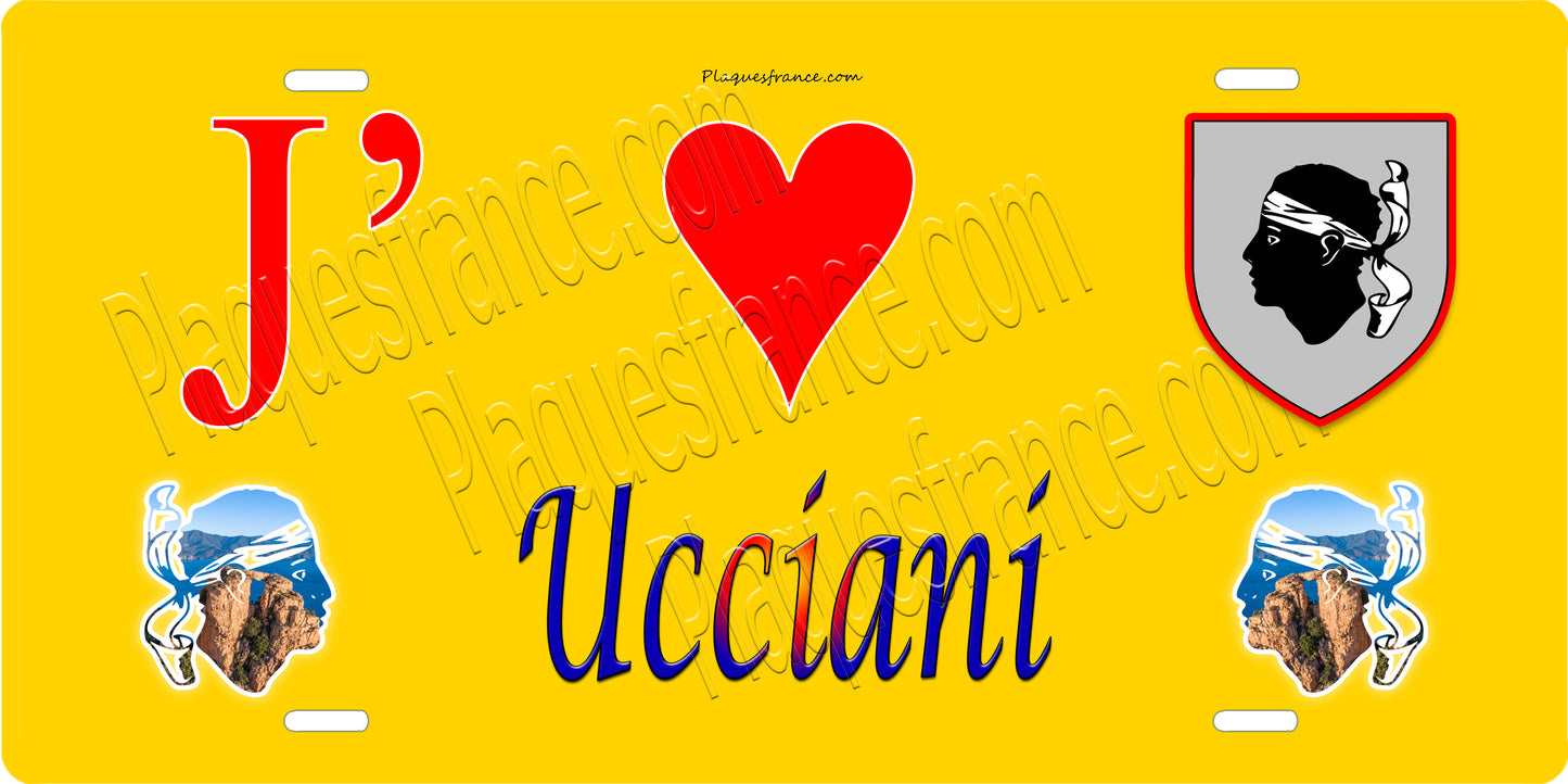 Plaque métal décorative 15 x 30 cm jaune J' ❤️ Ucciani canton du Gravona-Prunelli Corse du Sud