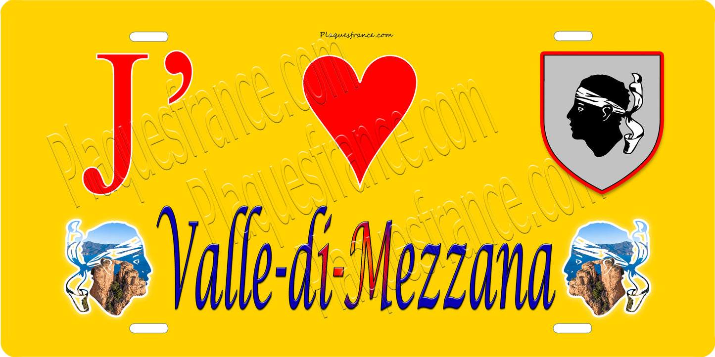 Plaque métal décorative 15 x 30 cm jaune J' ❤️ Valle di Mezzanza canton du Gravona-Prunelli Corse du Sud