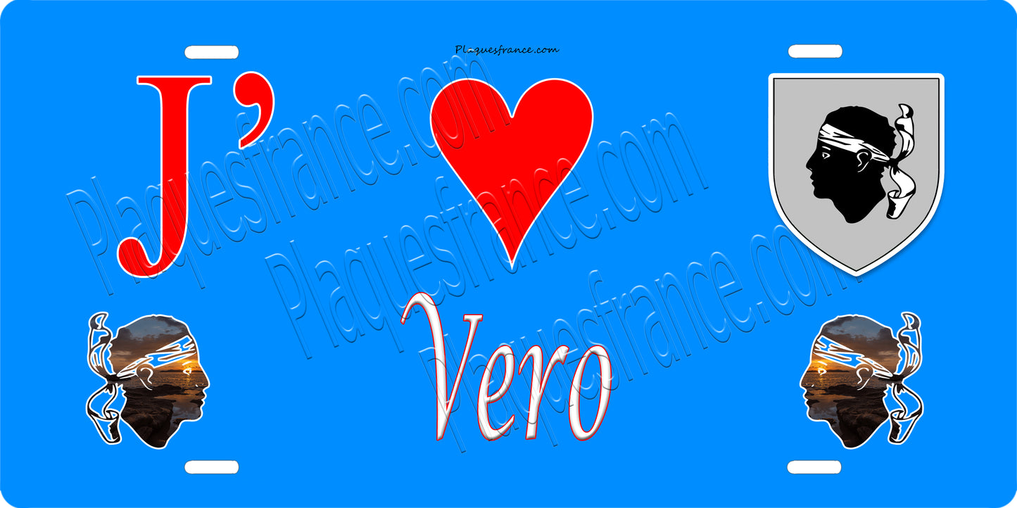 Plaque métal décorative 15 x 30 cm bleu J' ❤️ Vero canton du Gravona-Prunelli Corse du Sud