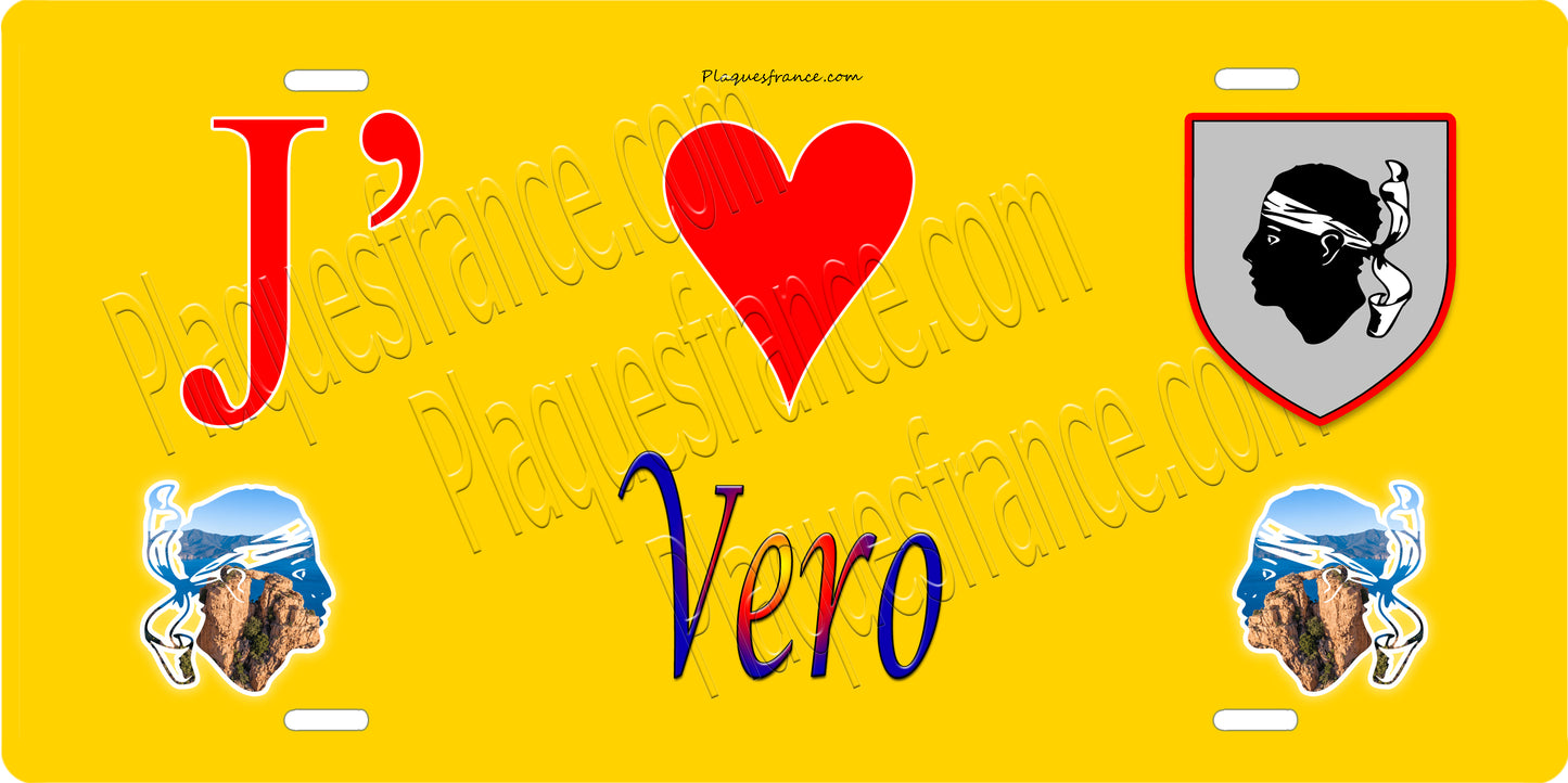 Plaque métal décorative 15 x 30 cm jaune J' ❤️ Vero canton du Gravona-Prunelli Corse du Sud
