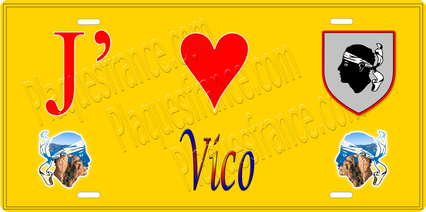 Plaque métal décorative 15 x 30 cm jaune J' ❤️ Vico Canton de Sevi-Sorru-Cinarca Corse du Sud