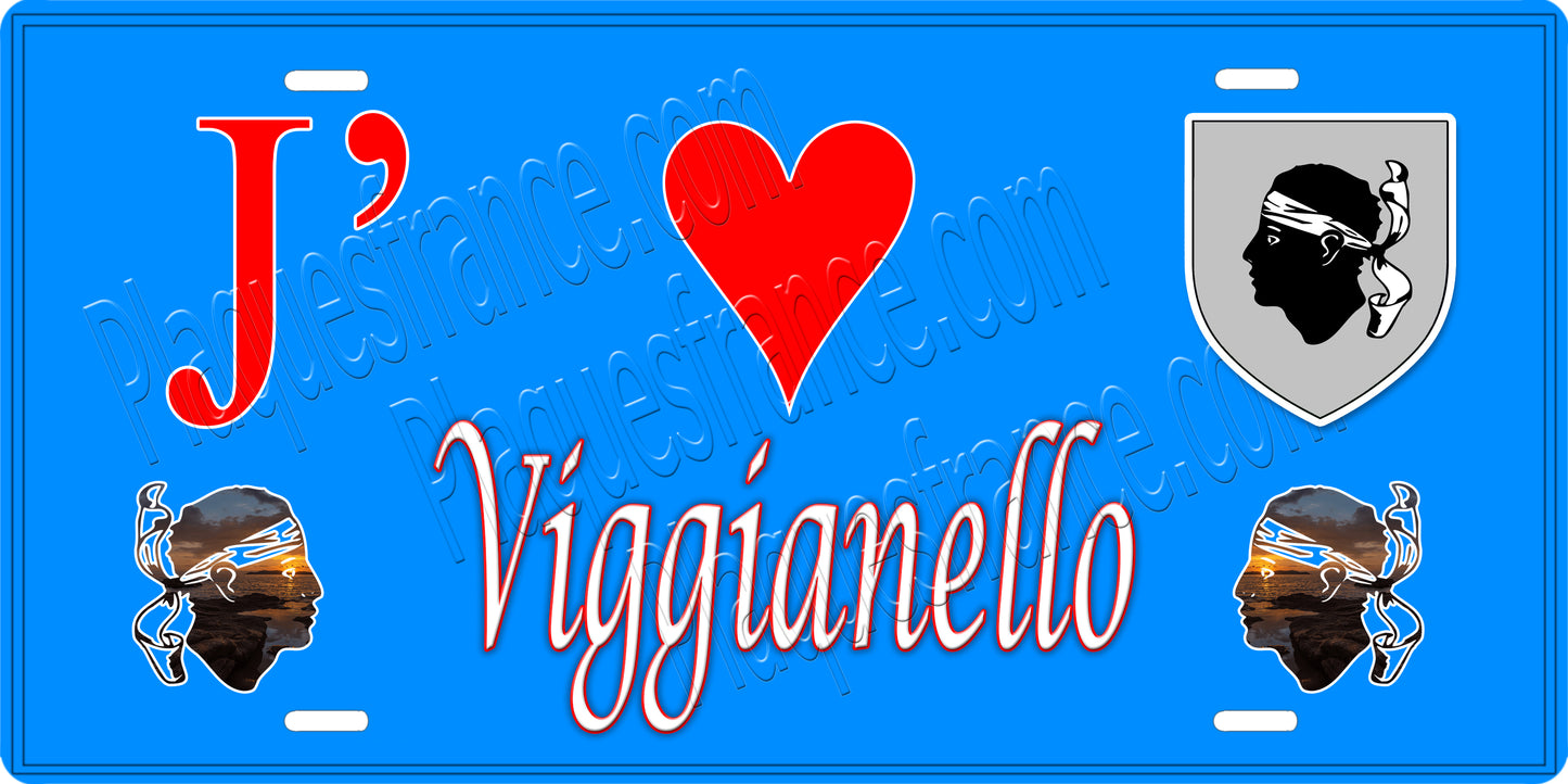 Plaque métal décorative 15 x 30 cm bleu J' ❤️ Viggianello canton du Sartenais-Valinco Corse du Sud