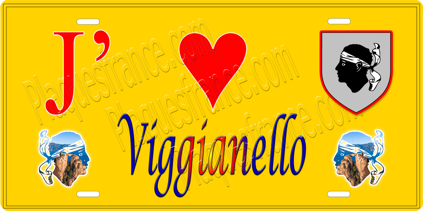 Plaque métal décorative 15 x 30 cm jaune J' ❤️ Viggianello canton du Sartenais-Valinco Corse du Sud