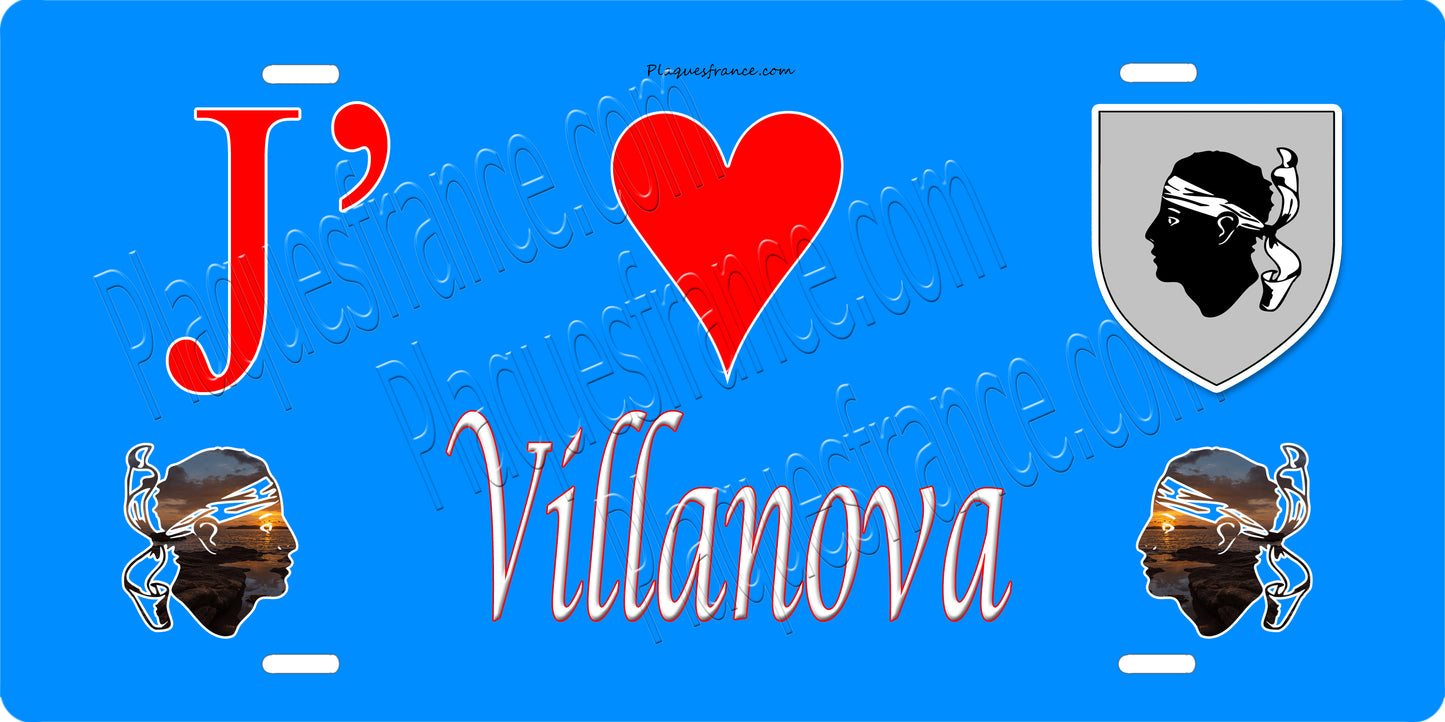 Plaque métal décorative 15 x 30 cm bleu J' ❤️ Villanova canton d' Ajaccio Corse du Sud