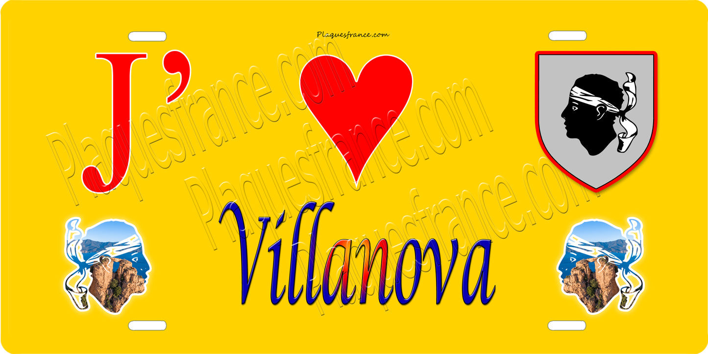Plaque métal décorative 15 x 30 cm jaune J' ❤️ Villanova canton d' Ajaccio Corse du Sud