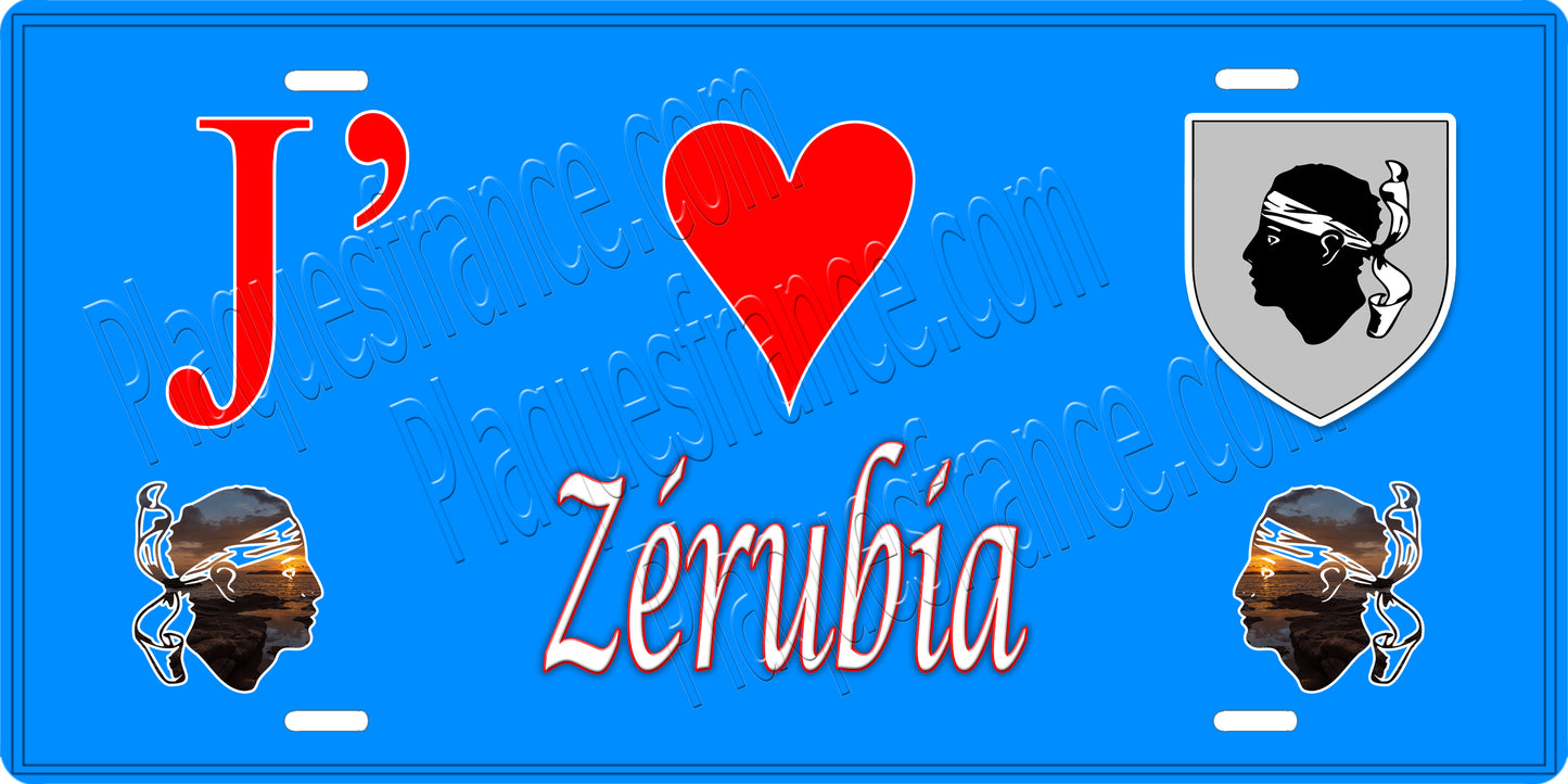 Plaque métal décorative 15 x 30 cm bleu J' ❤️ Zérubia canton du Sartenais-Valinco Corse du Sud