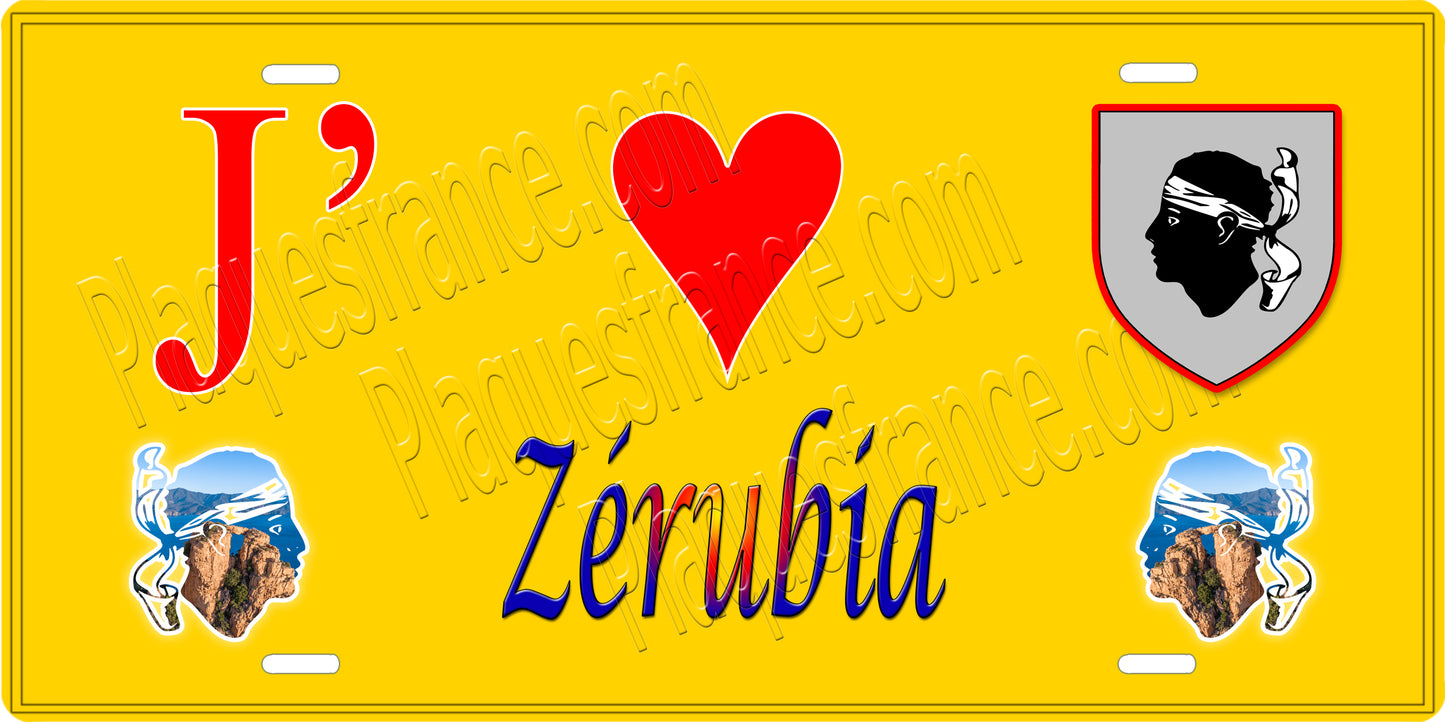 Plaque métal décorative 15 x 30 cm jaune J' ❤️ Zérubia canton du Sartenais-Valinco Corse du Sud