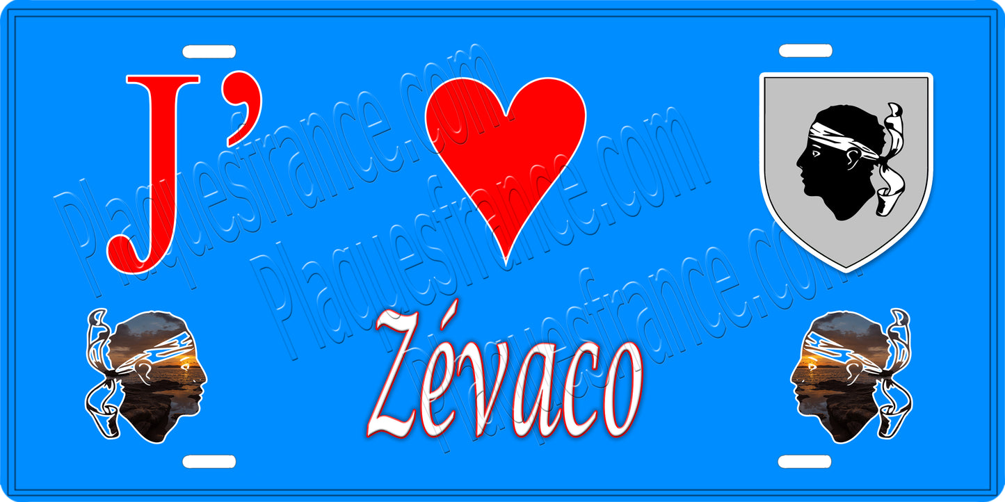 Plaque métal décorative 15 x 30 cm bleu J' ❤️ Zévaco canton de Taravo-Ornano Corse du Sud