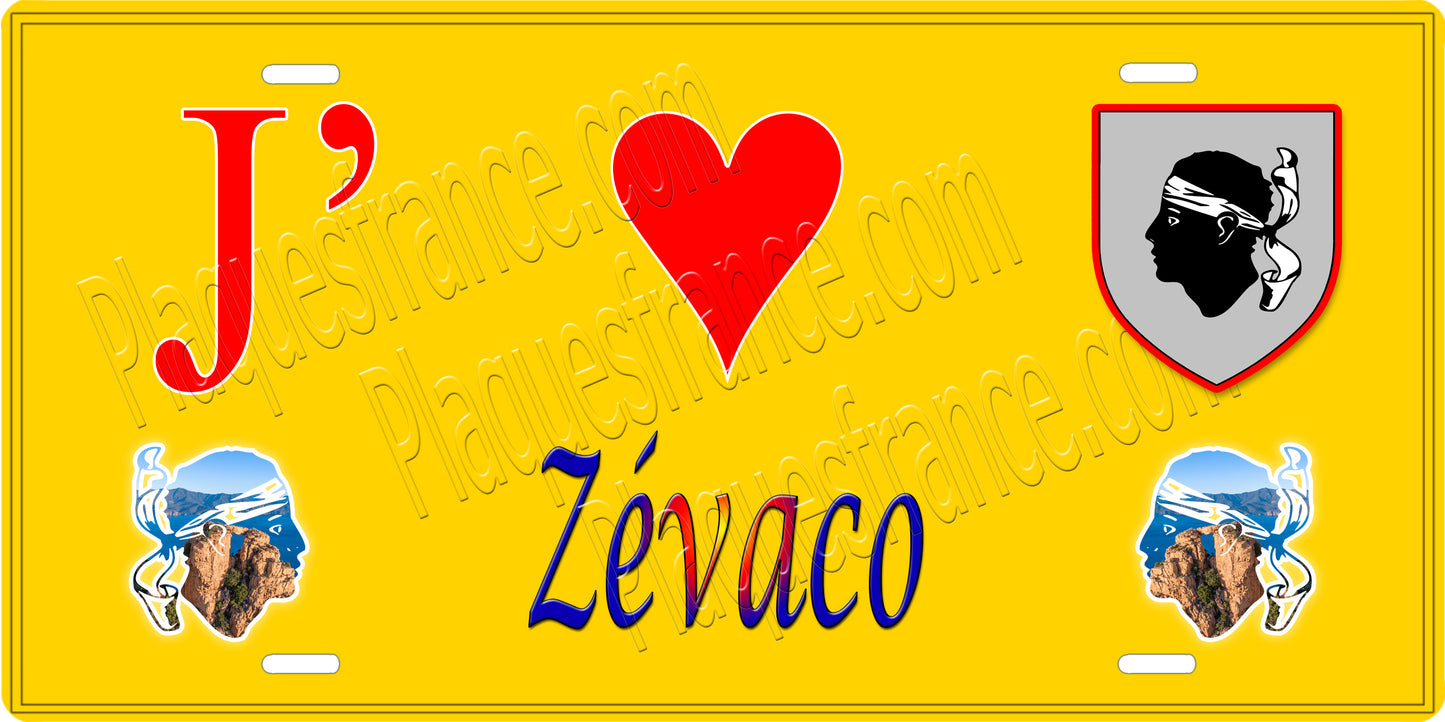 Plaque métal décorative 15 x 30 cm jaune J' ❤️ Zévaco canton de Taravo-Ornano Corse du Sud