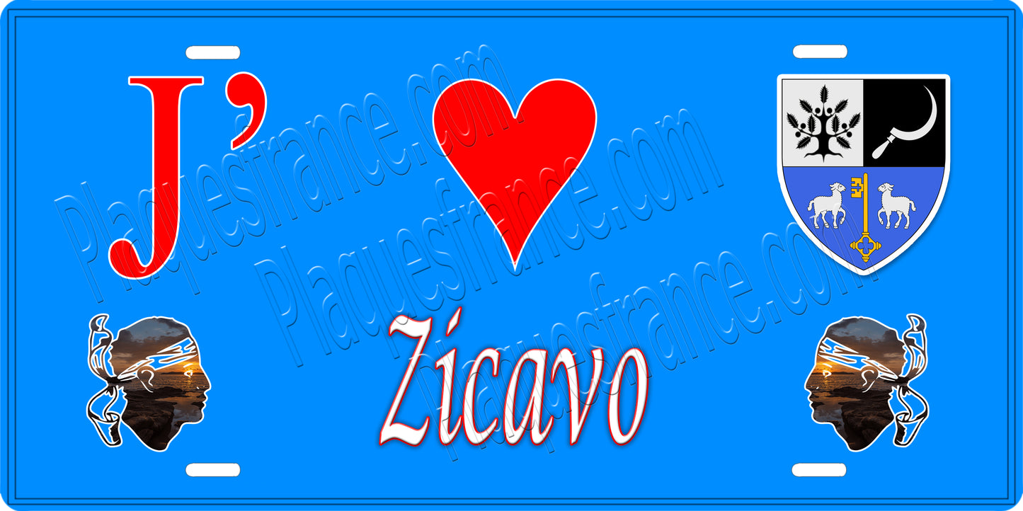 Plaque métal décorative 15 x 30 cm bleu J' ❤️ Zicavo canton de Taravo-Ornano Corse du Sud