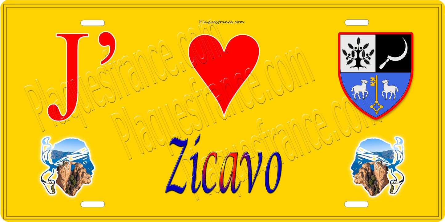 Plaque métal décorative 15 x 30 fond jaune J'❤️ Zicavo canton de Taravo-Ornano (Corse-du-Sud)