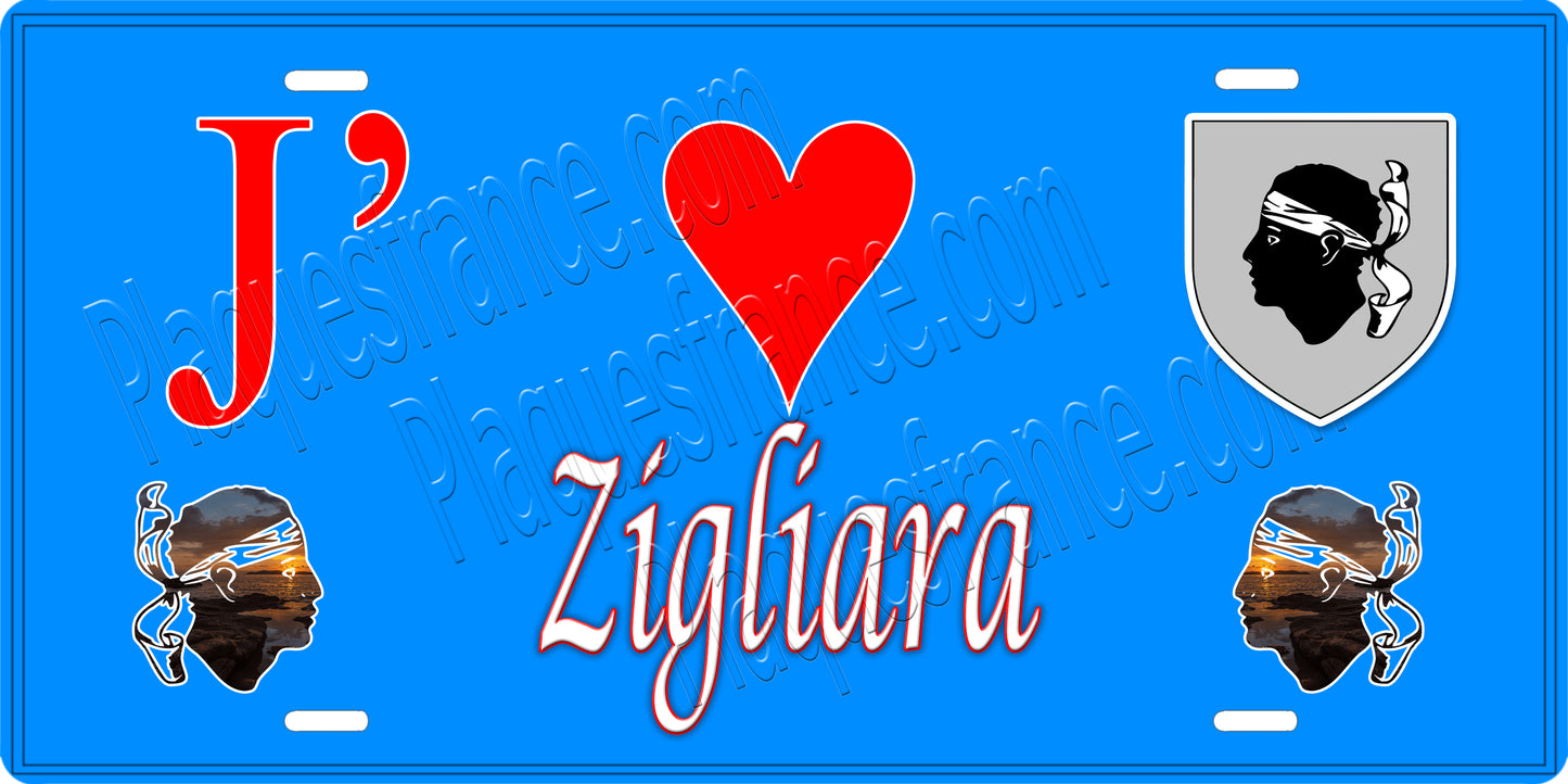 Plaque métal décorative 15 x 30 cm bleu J' ❤️ Zigliara canton de Taravo-Ornano Corse du Sud