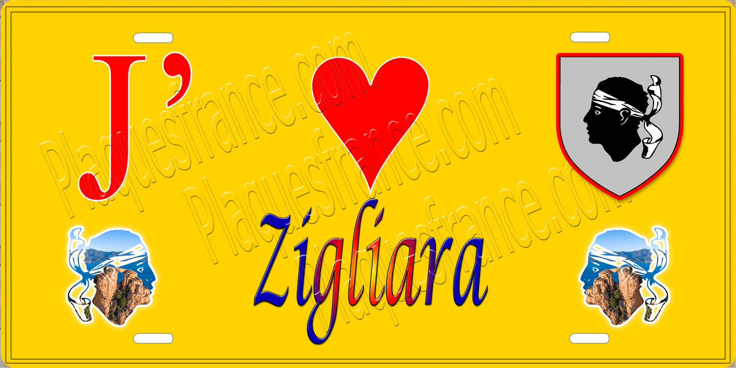 Plaque métal décorative 15 x 30 cm jaune J' ❤️ Zigliara canton de Taravo-Ornano Corse du Sud
