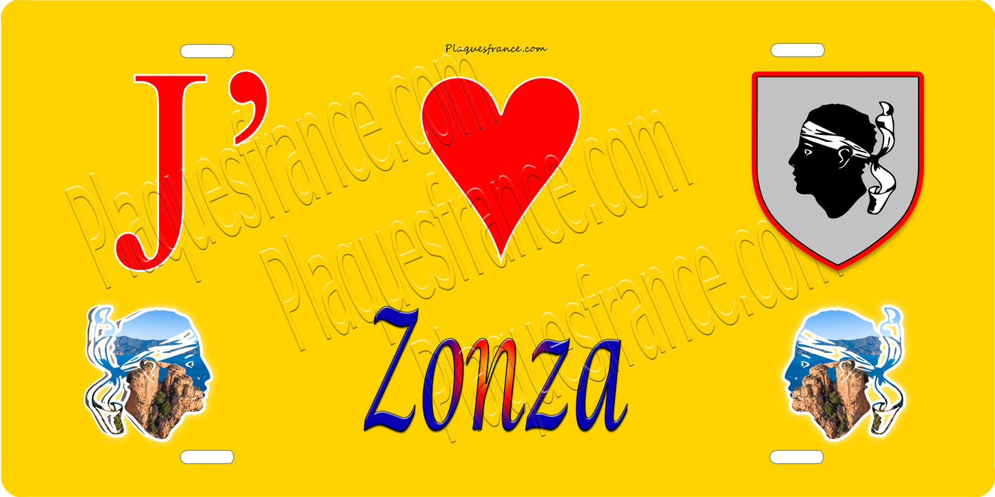 Plaque métal décorative 15 x 30 cm jaune J' ❤️ Zonza canton du Grand-Sud Corse du Sud