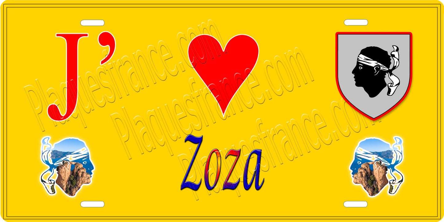 Plaque métal décorative 15 x 30 cm jaune J' ❤️ Zoza canton du Sartenais-Valinco Corse du Sud
