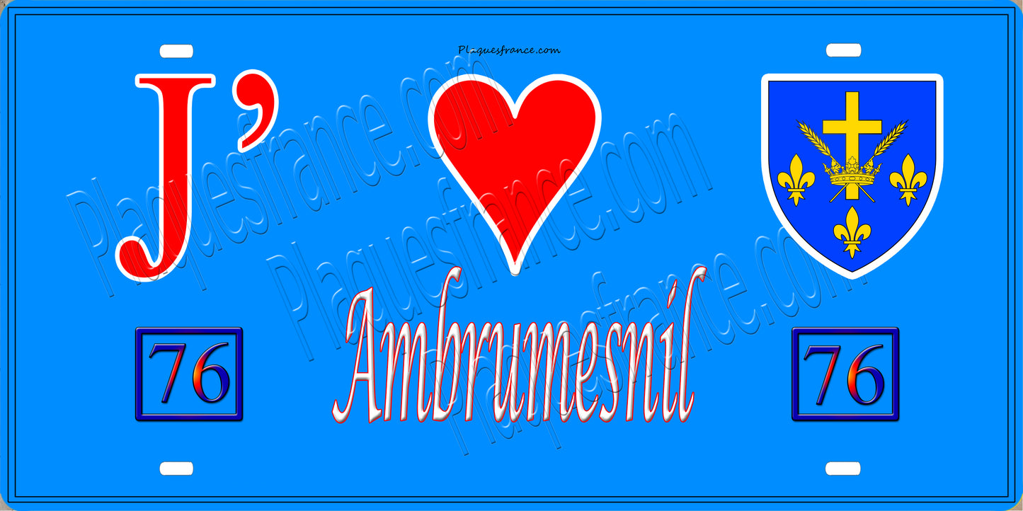Plaque métal décorative J' ❤️ Ambrumesnil, Seine Maritime (76) bleu